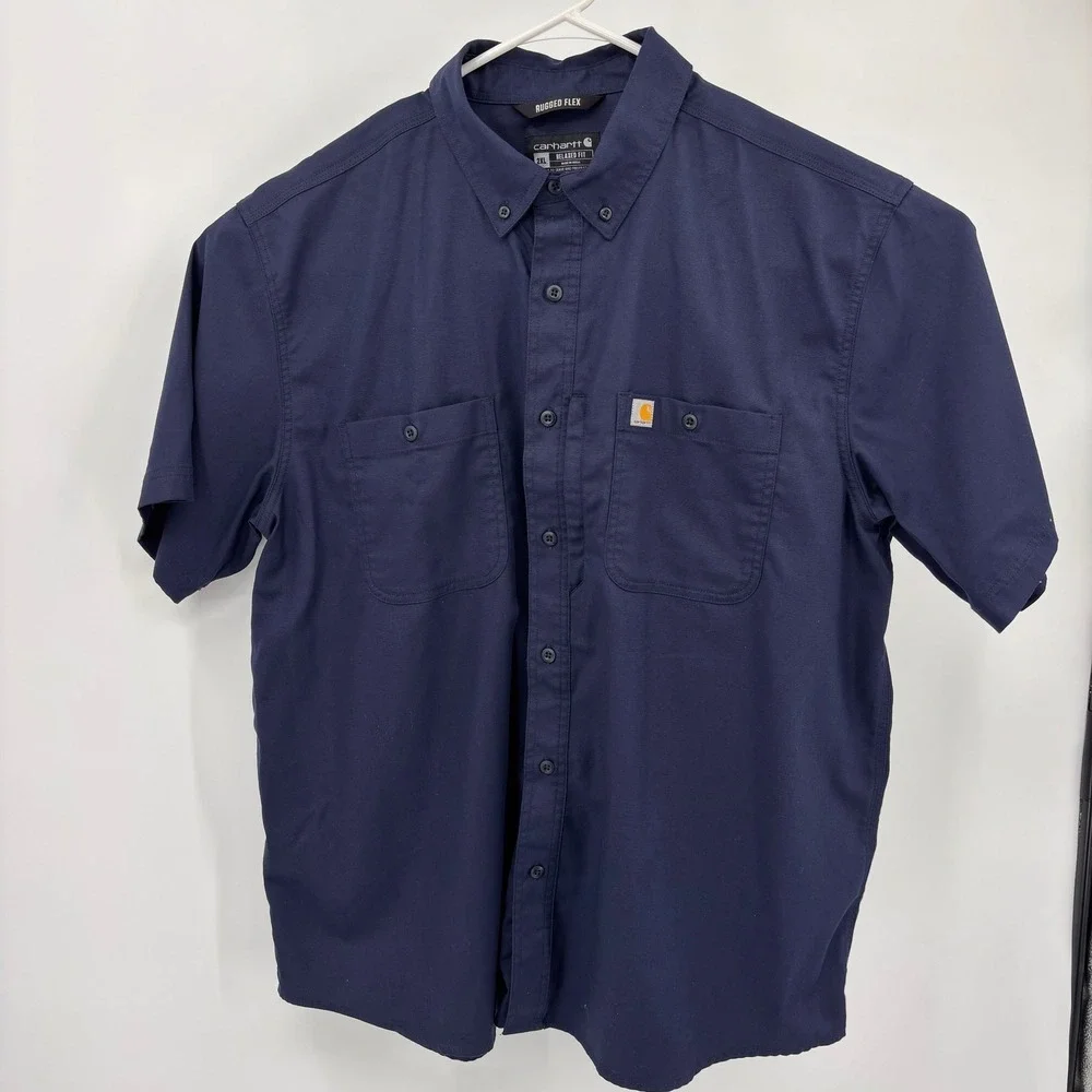 Carhartt Shirt Mens 2XL Navy Blue Excellent Rugged Flex Relaxed Fit Workwear